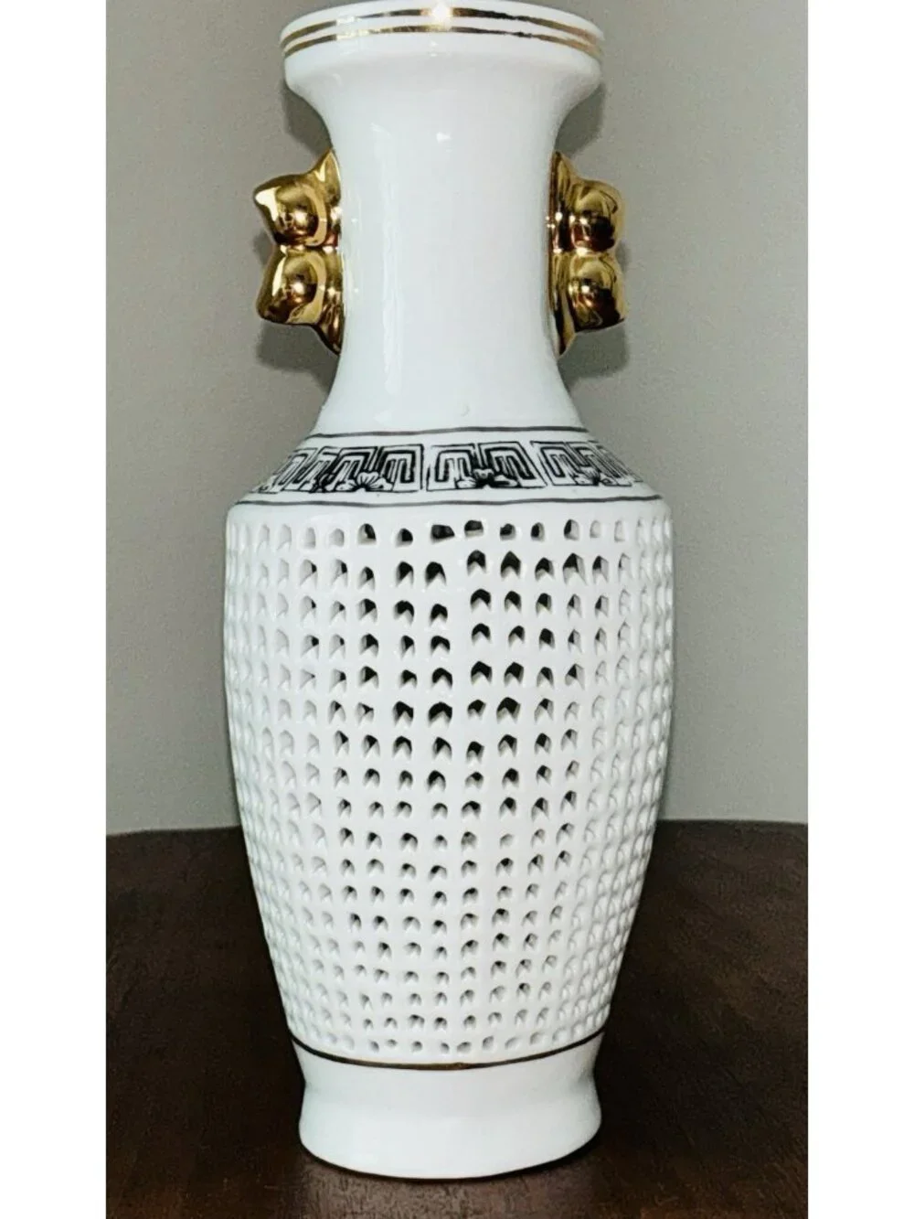 Vintage Chinese Reticulated Bird Vase Gold Handles Porcelain 8.25